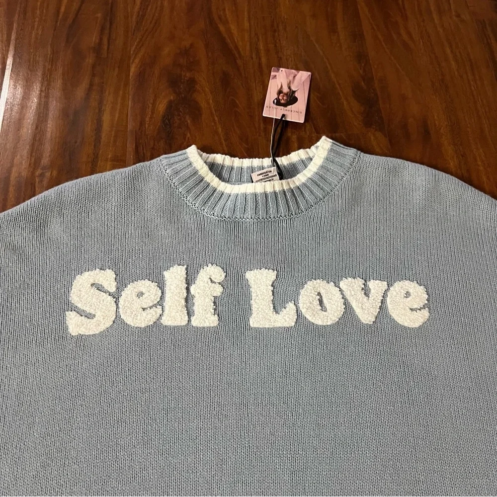 NWT Sincerely Jules Self Love Blue Cropped Knit Sweater size XS